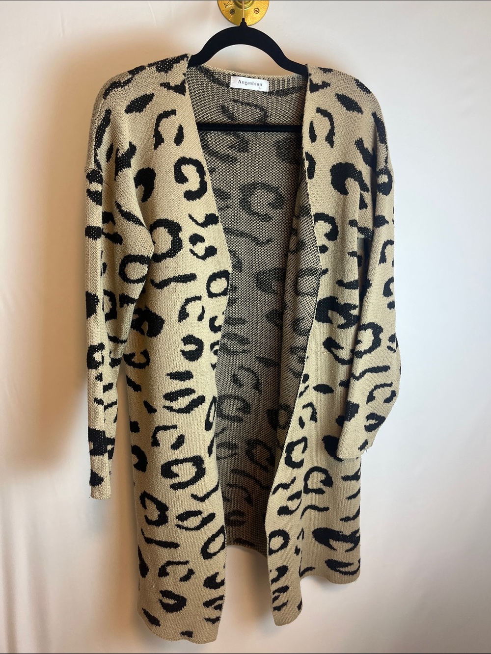 Beige and Black Leopard Open-Front Cardigan